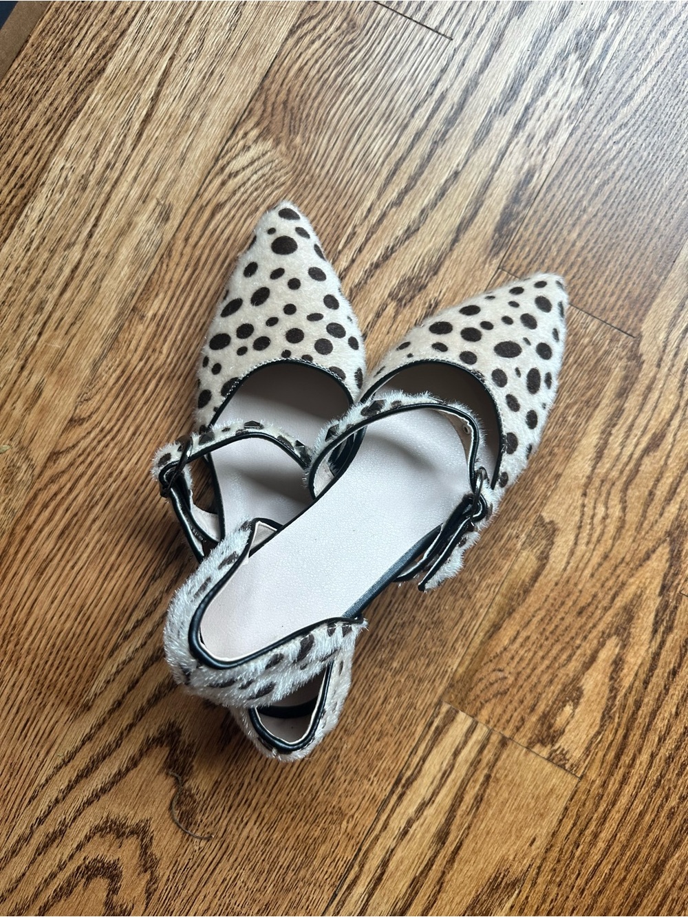 Pointed Toe Leopard Print Ankle Strap Flats - White/Brown